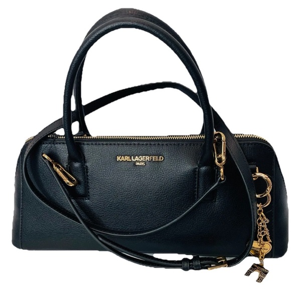 NWT Women KARL LAGERFELD Long Black Genuine Leather Satchel East West Bag Charms - Picture 2 of 15